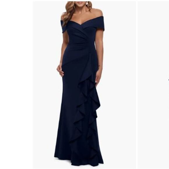 XSCAPE Women's Ruffled Off-the-Shoulder Gown Midnight Blue Size 12 NWT